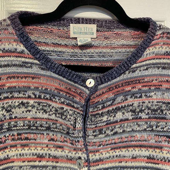VTG For Her Van Heusen Size L Ramie Cotton Fair Isle Pearl Button Front Cardigan - Picture 2 of 13